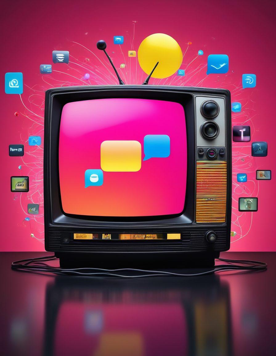 A dynamic visual of a cable television being transformed into a digital screen displaying vibrant video content, with lively streaming icons floating around. Incorporate symbols of social media and viewers engaged with devices, representing the transition from traditional media to digital. Use bright colors to emphasize the evolution and energy in media consumption. super-realistic. vibrant colors. energetic background.