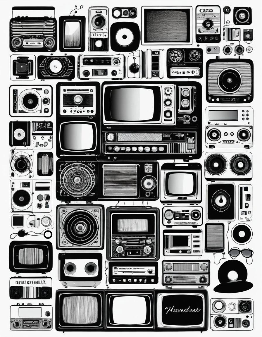 An artistic timeline showcasing the evolution of digital media, featuring iconic devices like a vintage radio, a classic television, and modern streaming screens. In the background, a dynamic collage of popular on-demand entertainment icons (movies, music, gaming) interspersed with digital symbols like play buttons and cloud tech. Use bright, engaging colors to reflect the vibrant nature of entertainment over time. vector art. vibrant colors. white background.