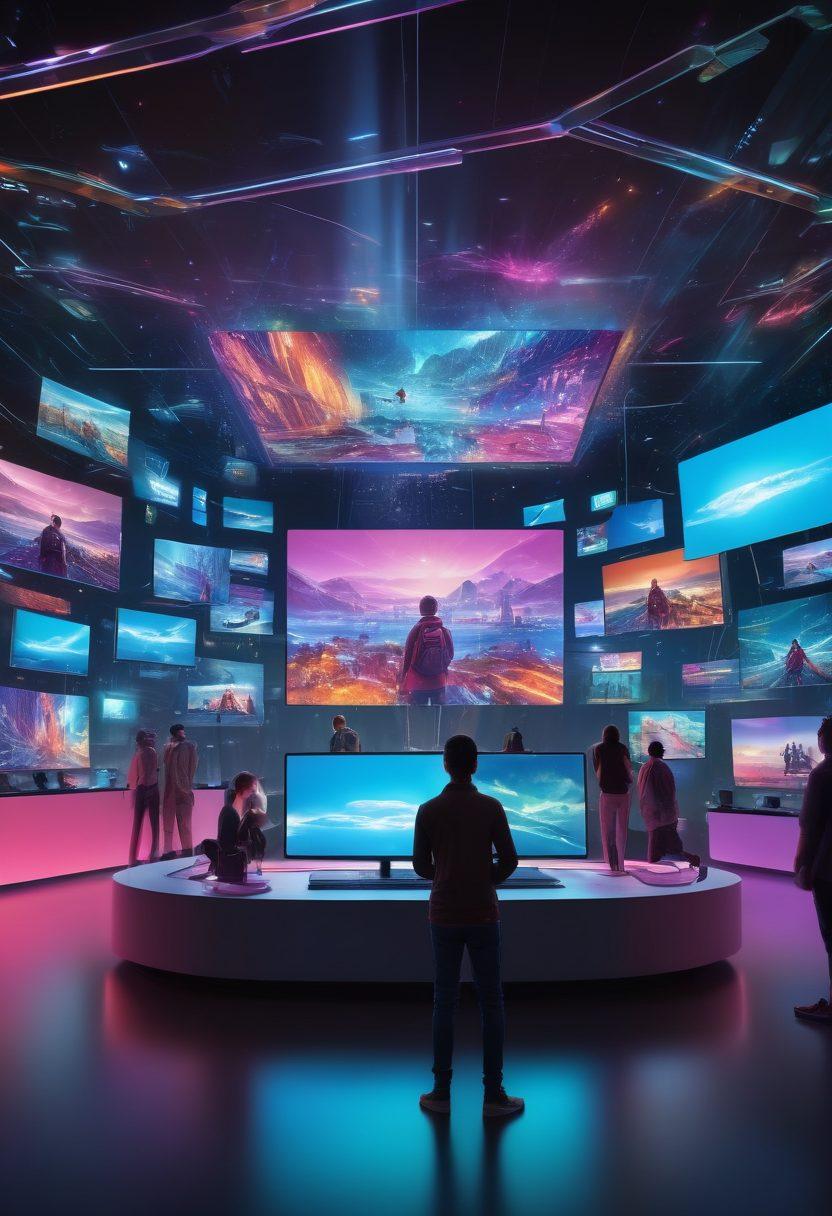 A futuristic digital landscape showcasing a diverse group of people engaging with various streaming devices – laptops, tablets, and smart TVs displaying vibrant video content. Incorporate elements like holographic screens, 3D animated characters, and icons of popular streaming platforms, all intertwined with digital media motifs. Emphasize the connection between technology and entertainment in a colorful, dynamic setting. super-realistic. vibrant colors. 3D.